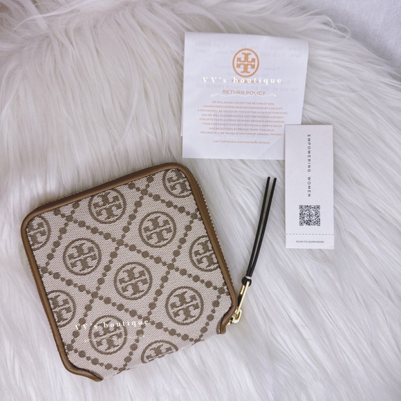 NWT Tory Burch T Monogram Jacquard Bifold Small Zip Wallet Hazelnut Brown 79381 - Picture 2 of 6